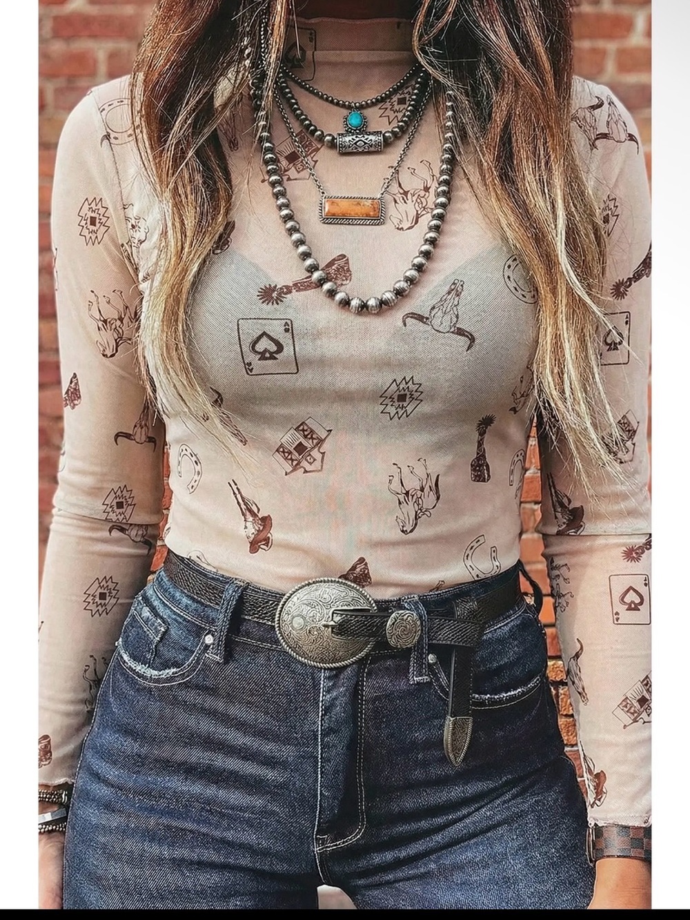 Western Boho Mesh Mockneck Top Brown & cream